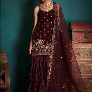 Lashkarra Dark Wine and Gold Embroidered Velvet Sharara